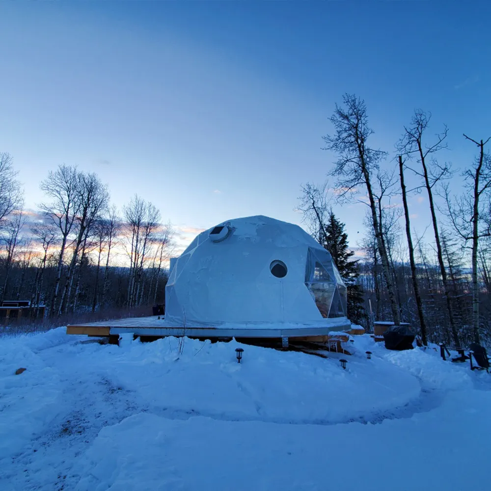 side exterior view of ignis dome during the winter with campsite and forest covered in snow